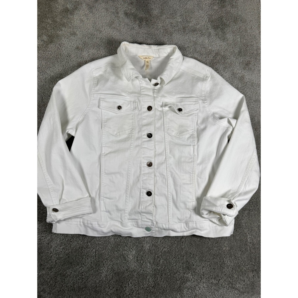 Matilda Jane White Denim Jacket Womens XXL Button Front Stretch Trucker Coat
